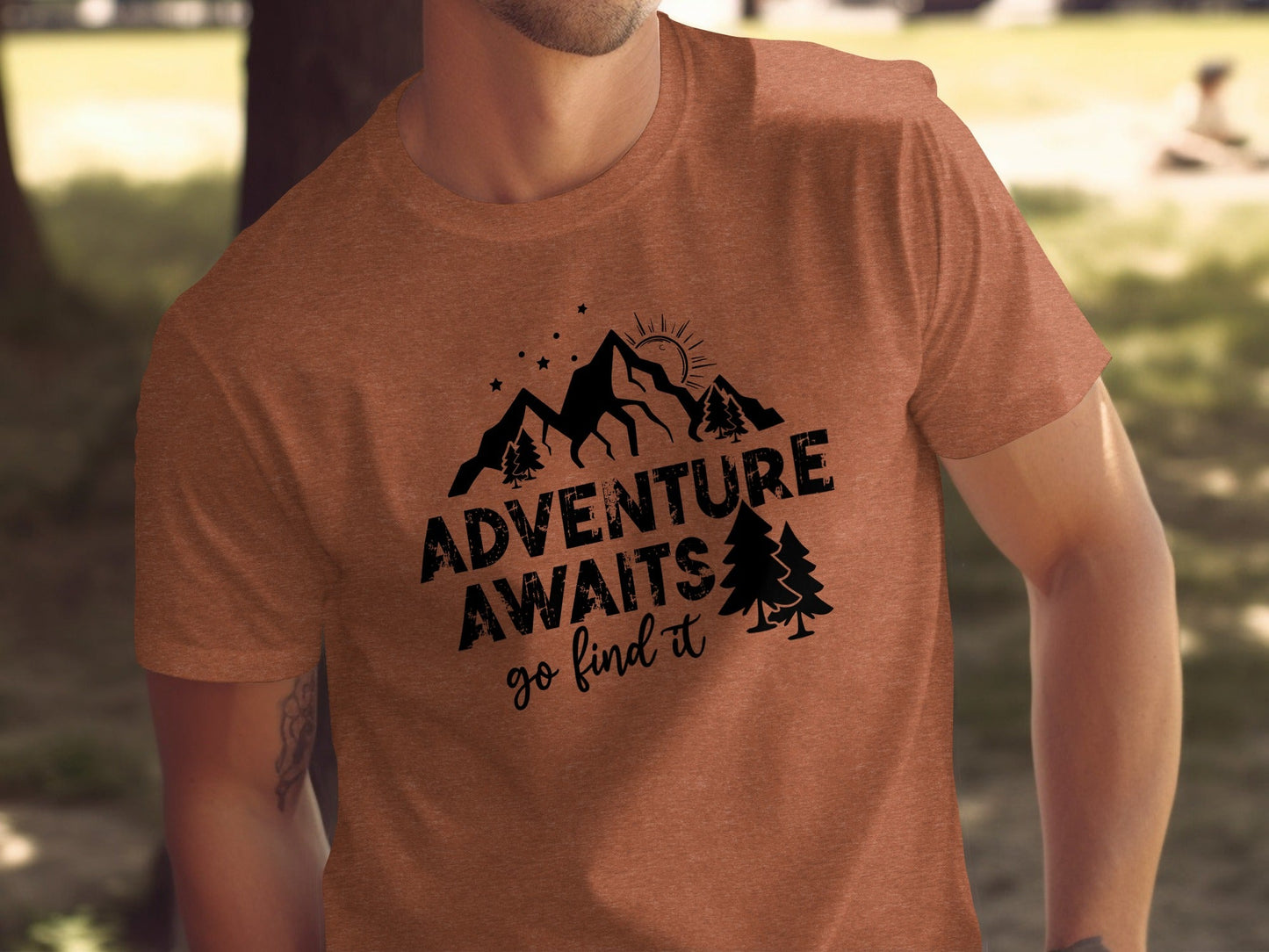 Adventure Awaits Go Find It Mountains Trees and Sun T-Shirt