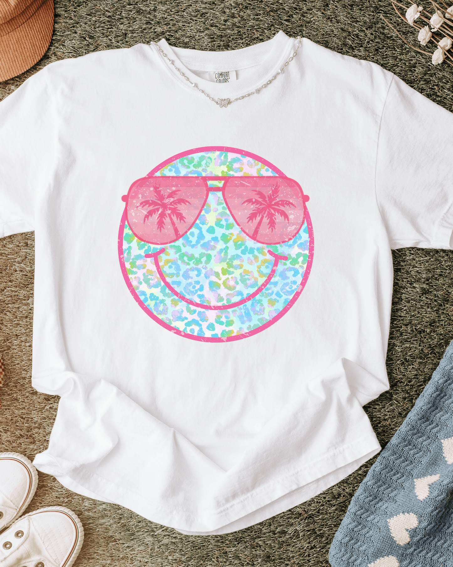Sunglasses Summer Cheetah Smile Cartoon Face T-Shirt