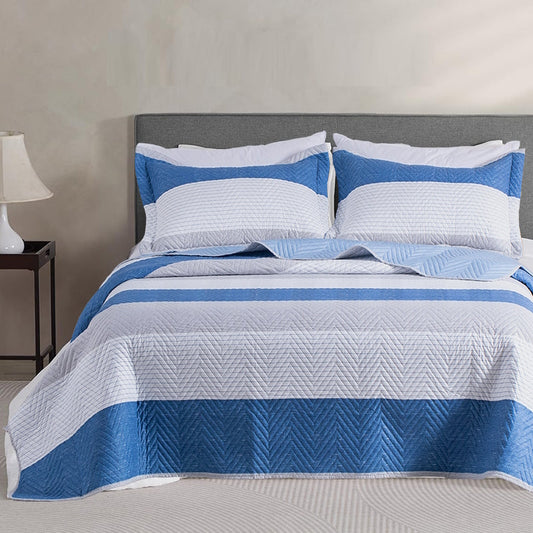 Kasentex Spring Lightweight Reversible Stripe Quilt Set Bedding- Sky Blue and Ivory White, Room Decor, Graduation Gifts, Father's Day Gift
