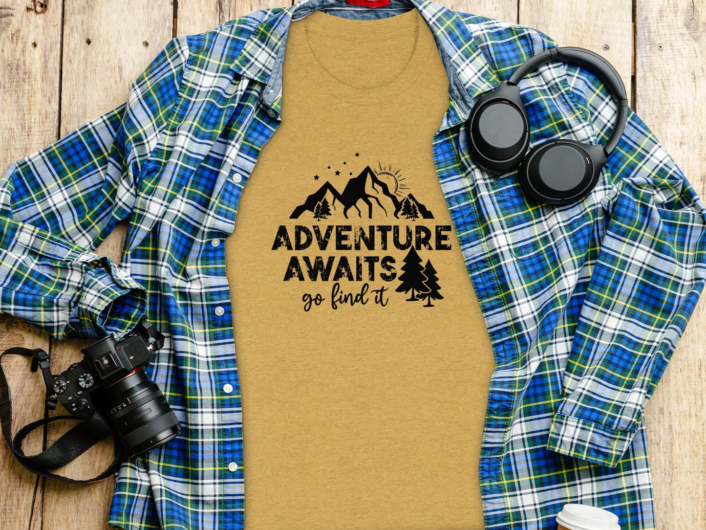 Adventure Awaits Go Find It Mountains Trees and Sun T-Shirt