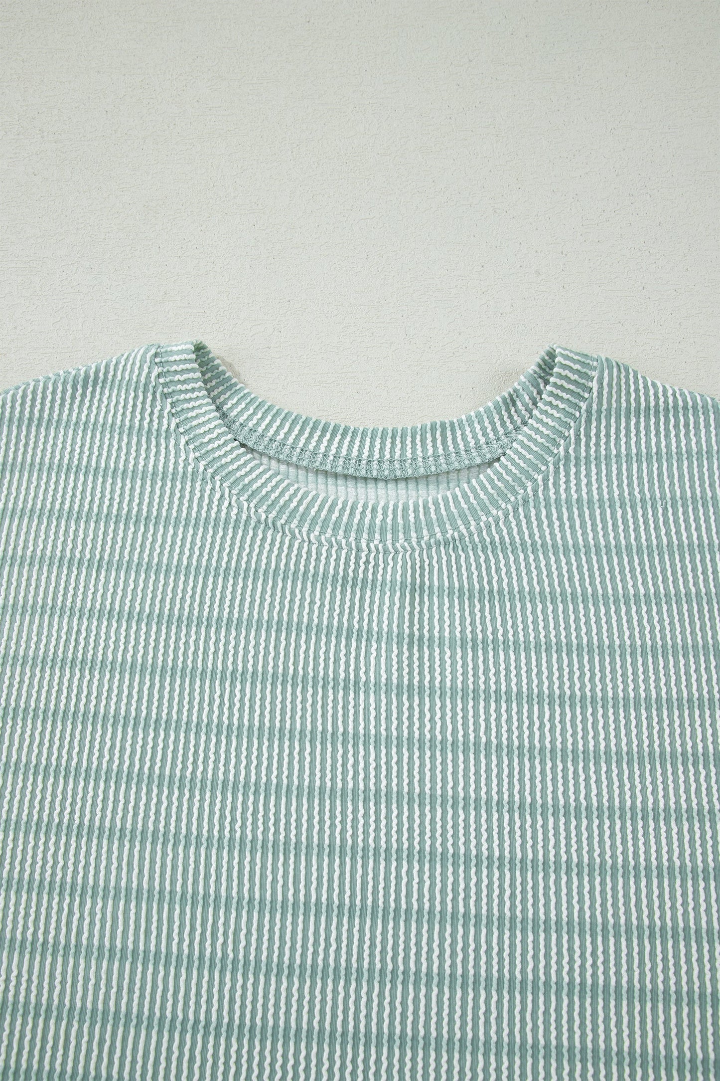 Green Stripe Raised Rib Loose Tee Drawstring Elastic Waist 2pcs Short Set