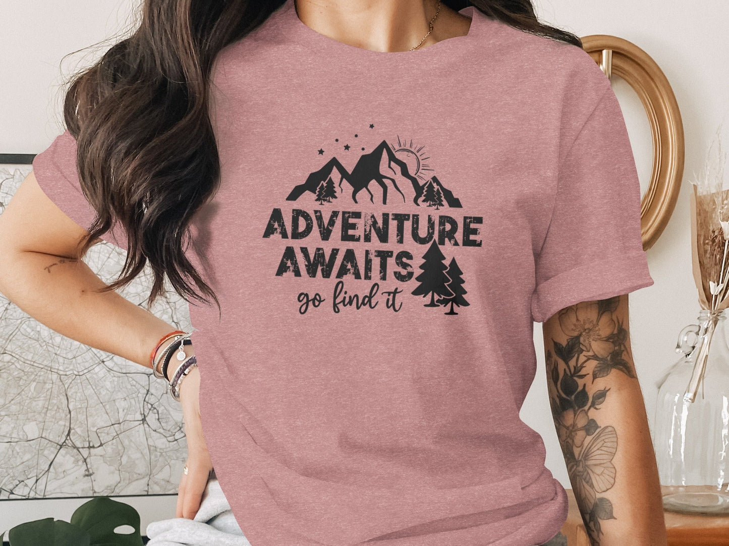 Adventure Awaits Go Find It Mountains Trees and Sun T-Shirt
