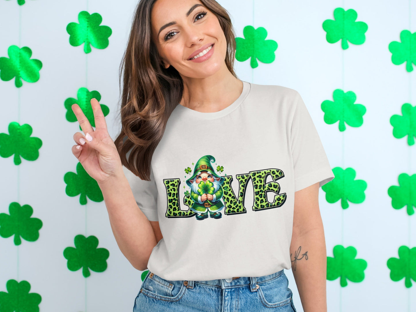 St Patricks Day Gnome T-Shirts, Four Leaf Clover Shirt, Love T Shirt, St Paddys Day Tee, Leopard Print Letters, Cute Irish T Shirts