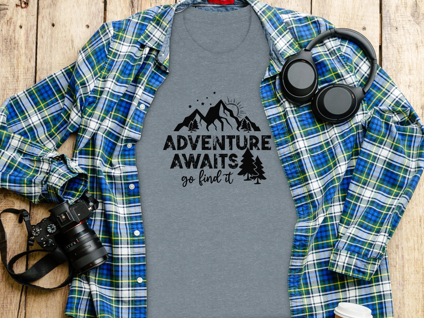 Adventure Awaits Go Find It Mountains Trees and Sun T-Shirt