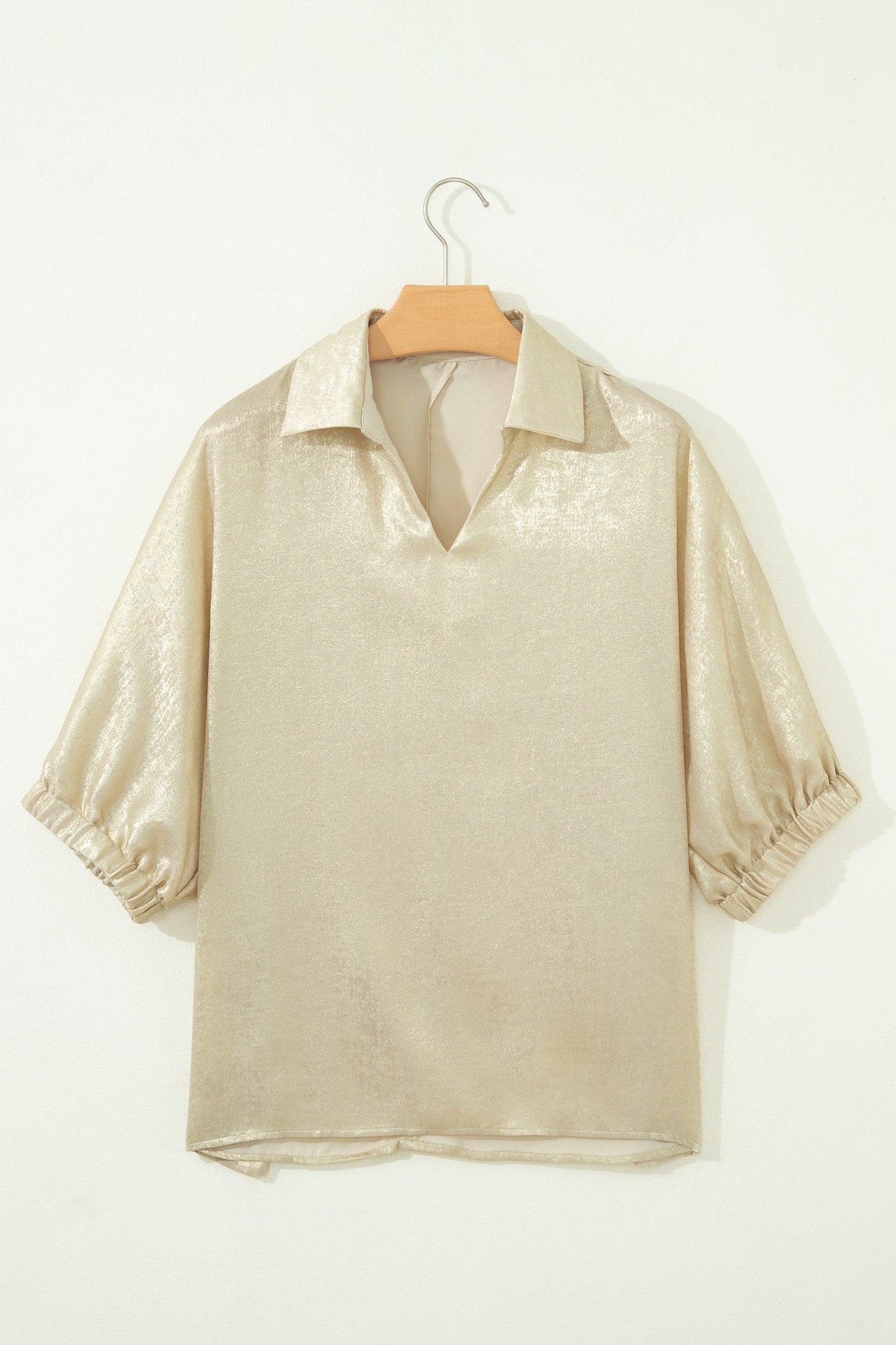 Beige Collared V Neck Half Sleeve Metallic Top