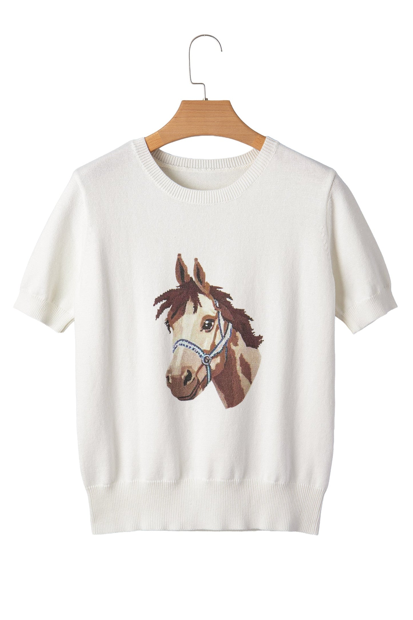 White Wild West Horse Head Printed Short Sleeve Sweater