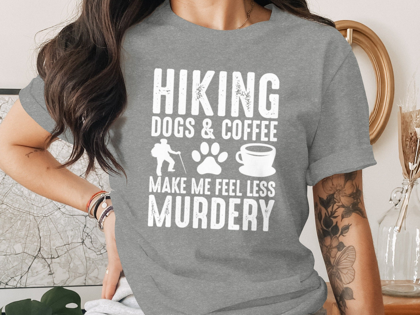 Hiking Dogs Coffee Less Murdery Funny Graphic Design T-Shirt