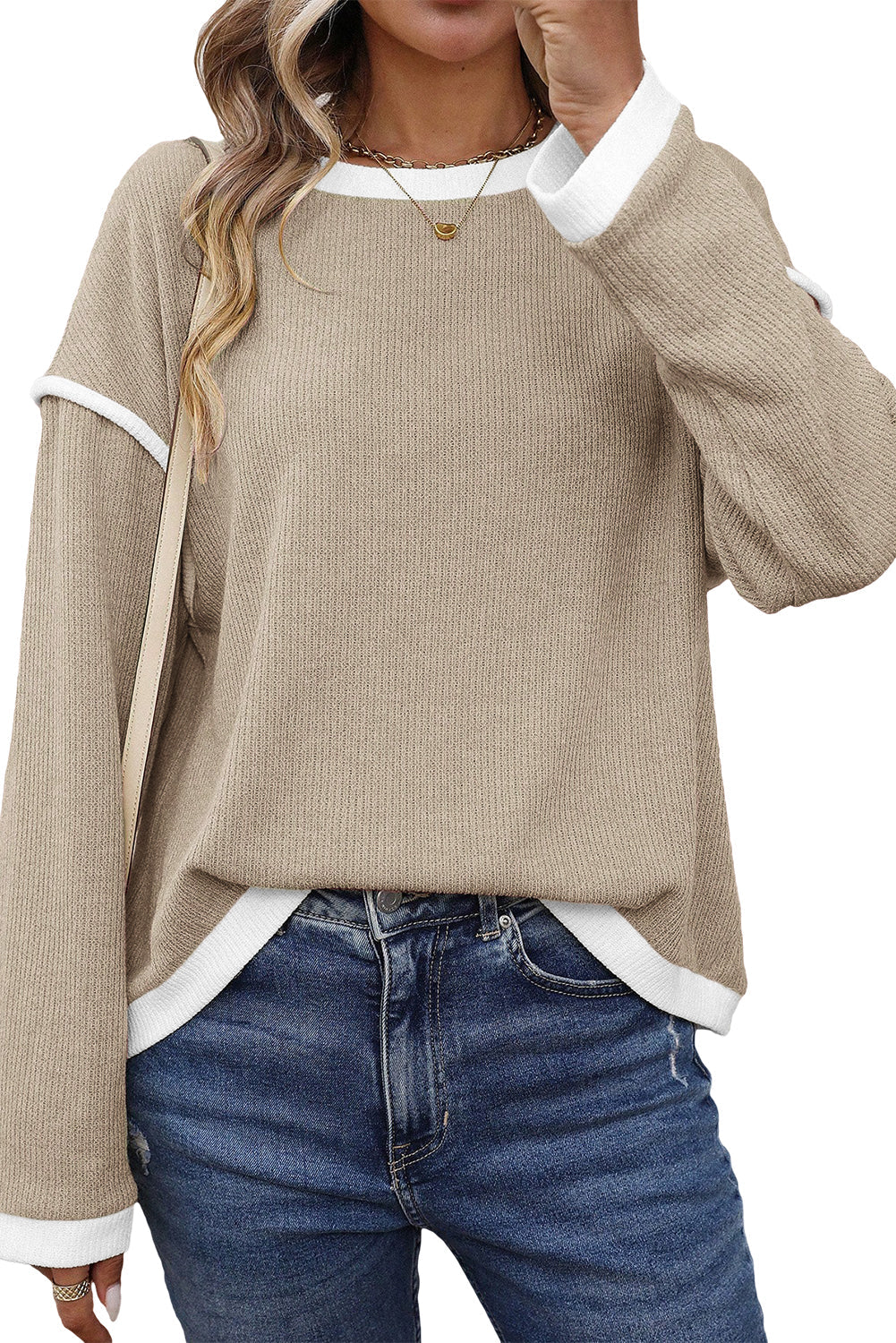 Four Leaf Clover Contrast Color Trim Knit Drop Shoulder Loose Top