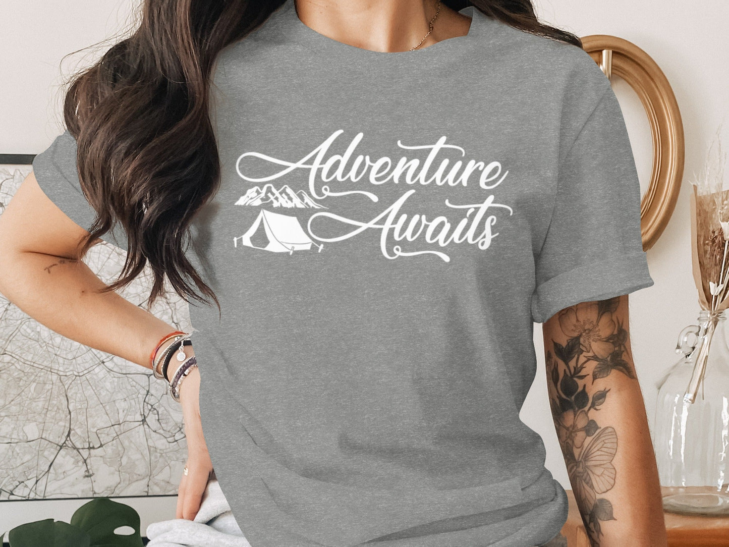 Adventure Awaits Tent Mountains Graphic Design T-Shirt