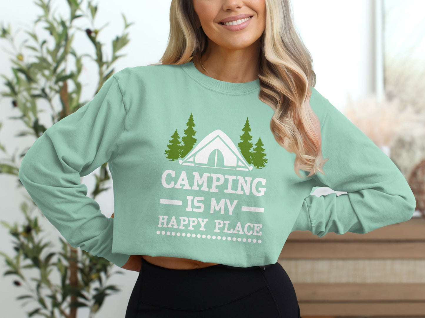 Camping Is My Happy Place Tent Trees Graphic Long Sleeve T-Shirt