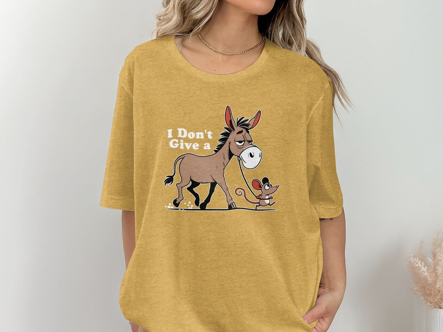 Funny Mouse Walking a Donkey Cartoon Graphic T-Shirt