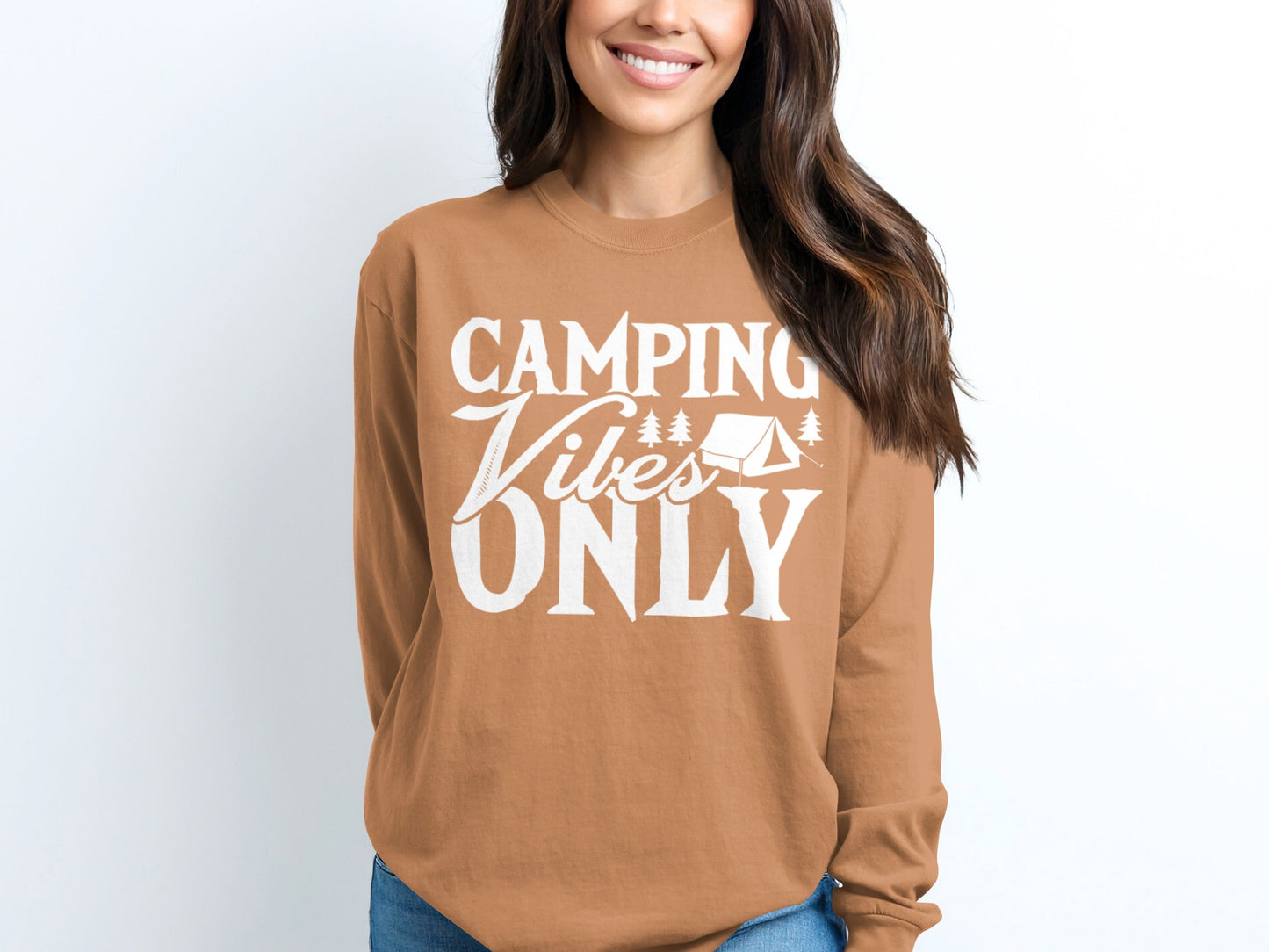 Camping Vibes Only With Tent Graphic Summer Fun Long Sleeve T-Shirt