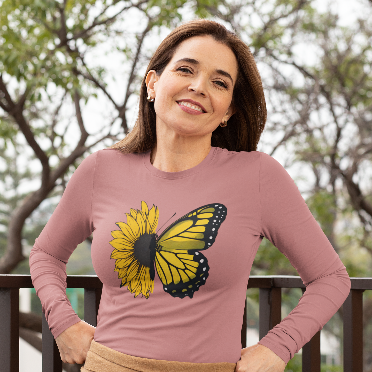 Sunflower Butterfly Long Sleeve Tee - Boho Nature Lover Shirt - Eco-Friendly Spring Fashion