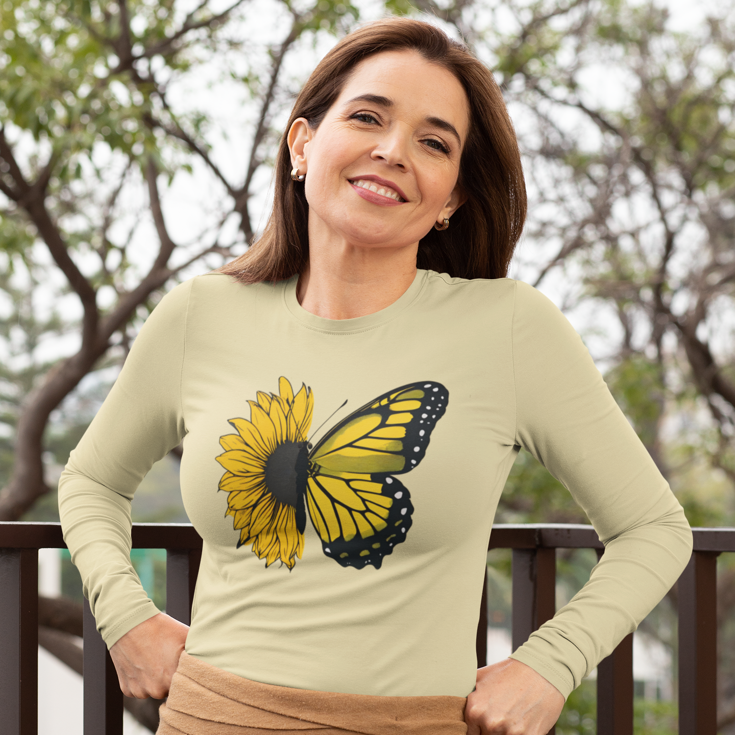 Sunflower Butterfly Long Sleeve Tee - Boho Nature Lover Shirt - Eco-Friendly Spring Fashion