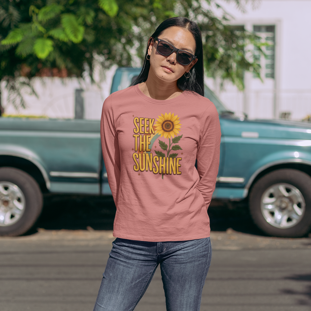 Sunflower Long Sleeve T-Shirt - Seek the Sunshine Boho Tee for Women