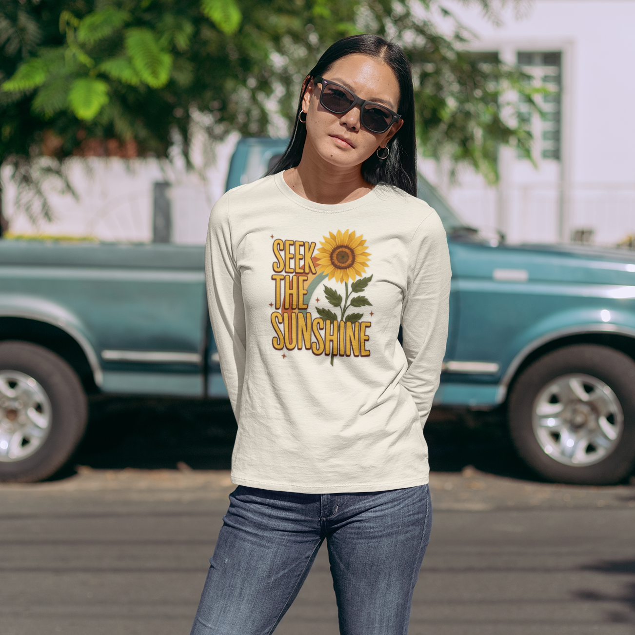 Sunflower Long Sleeve T-Shirt - Seek the Sunshine Boho Tee for Women