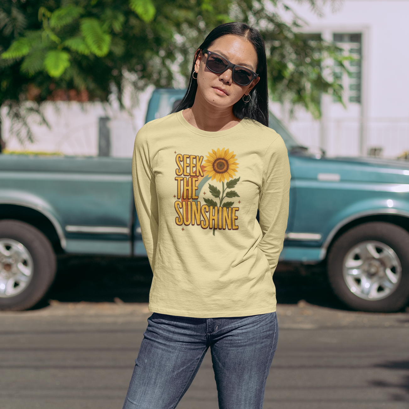 Sunflower Long Sleeve T-Shirt - Seek the Sunshine Boho Tee for Women