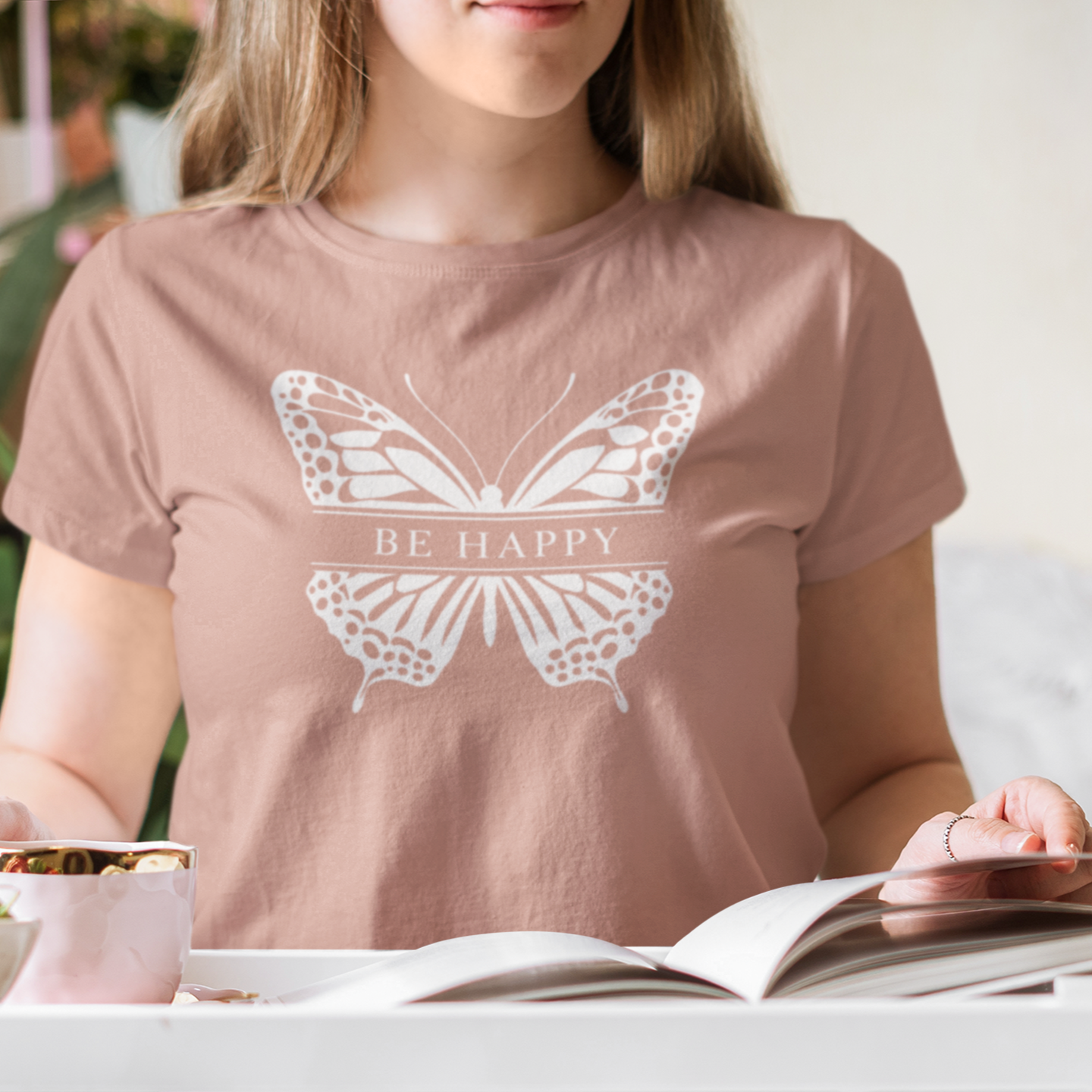 Be Happy Butterfly Tee - Womens Eco-Friendly T-Shirt - Positive Vibes Nature Lover Gift