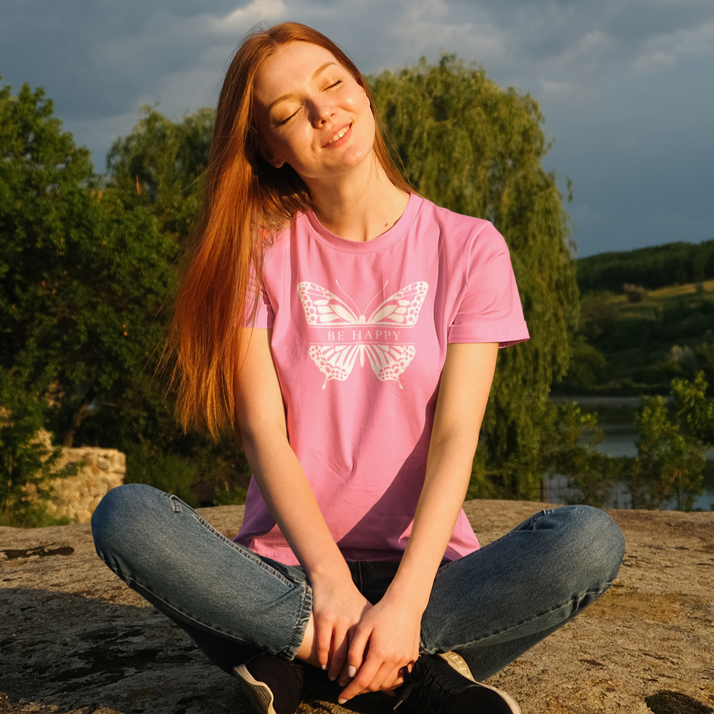 Be Happy Butterfly Tee - Womens Eco-Friendly T-Shirt - Positive Vibes Nature Lover Gift