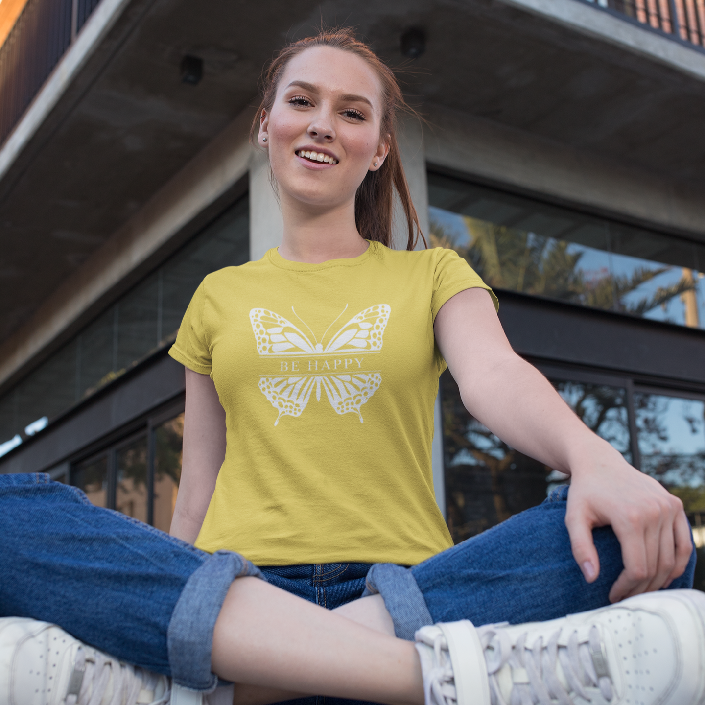 Be Happy Butterfly Tee - Womens Eco-Friendly T-Shirt - Positive Vibes Nature Lover Gift