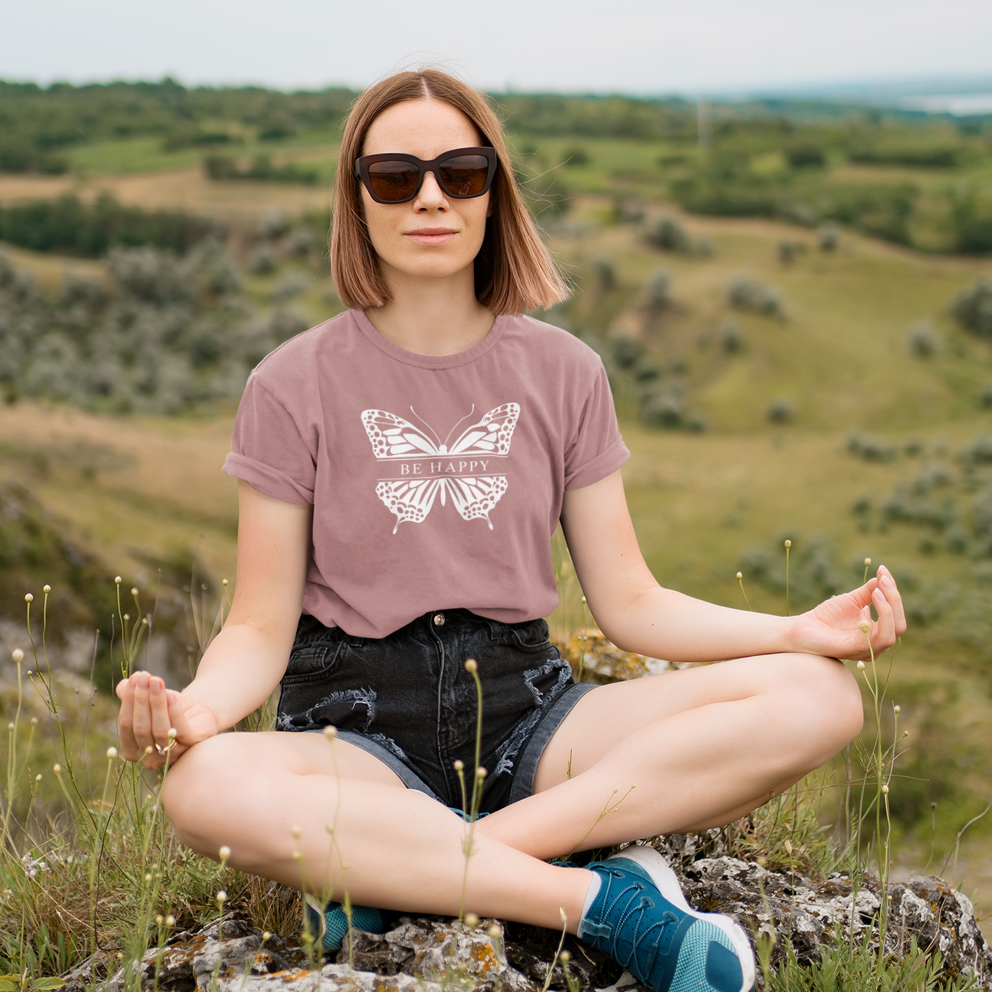 Be Happy Butterfly Tee - Womens Eco-Friendly T-Shirt - Positive Vibes Nature Lover Gift