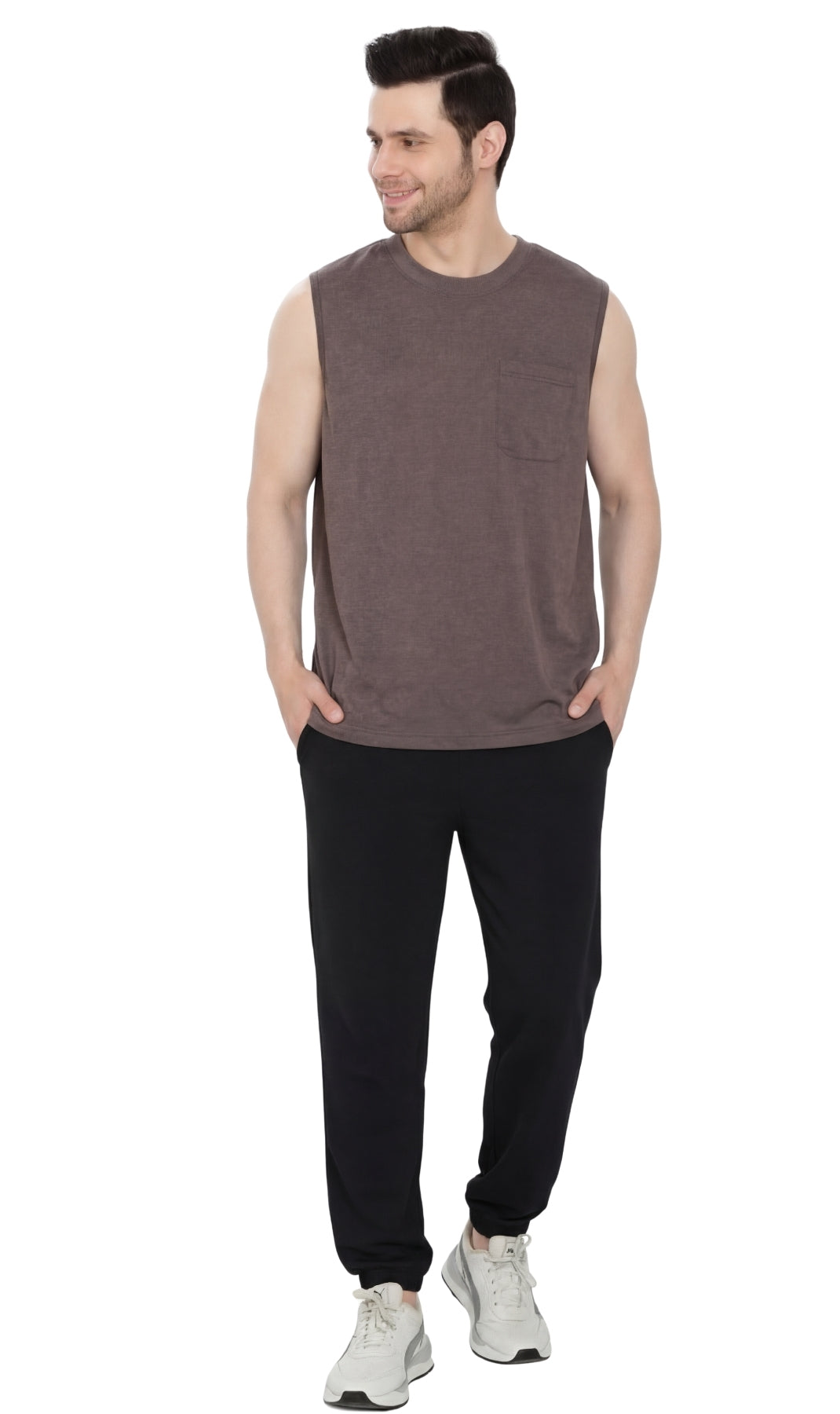 Men’s Sleeveless Crew Neck T-Shirt – Regular Fit, Heavier Cotton Blend Jersey with Chest Pocket