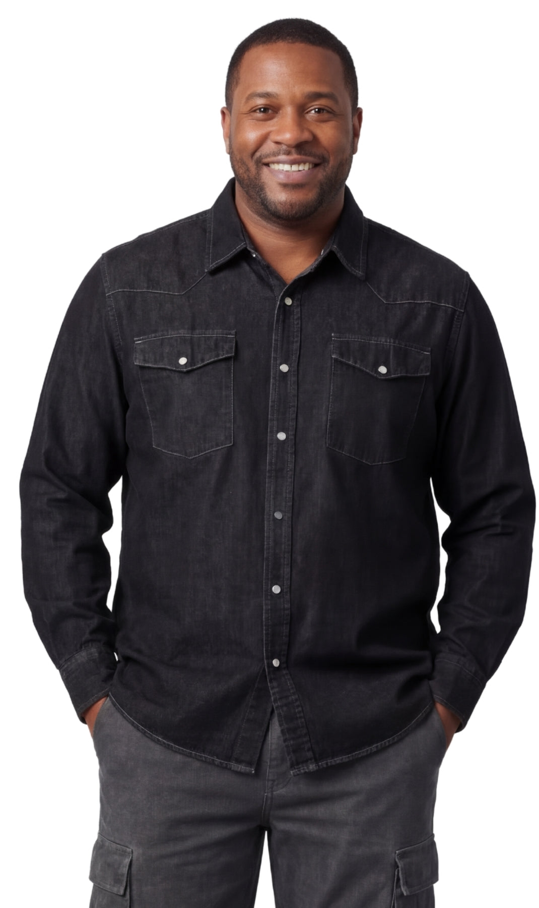 Mens Western Snap Front Button Shirt in Denim and Twill with a Stitched Yoke and Chest Pockets