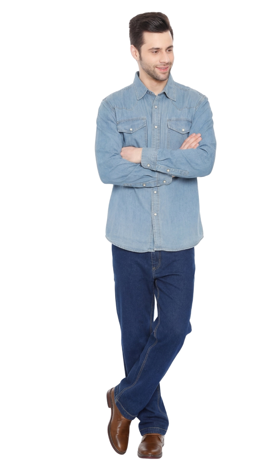 Mens Western Snap Front Button Shirt in Denim and Twill with a Stitched Yoke and Chest Pockets