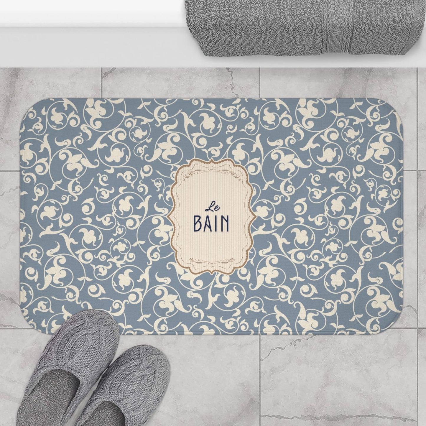 Le Bain Vintage Floral Bath Mat, Grey-Blue Pattern