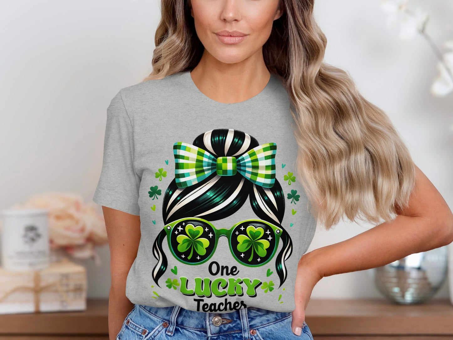 One Lucky Teacher Shamrock Sunglasses Graphic Design T-Shirt