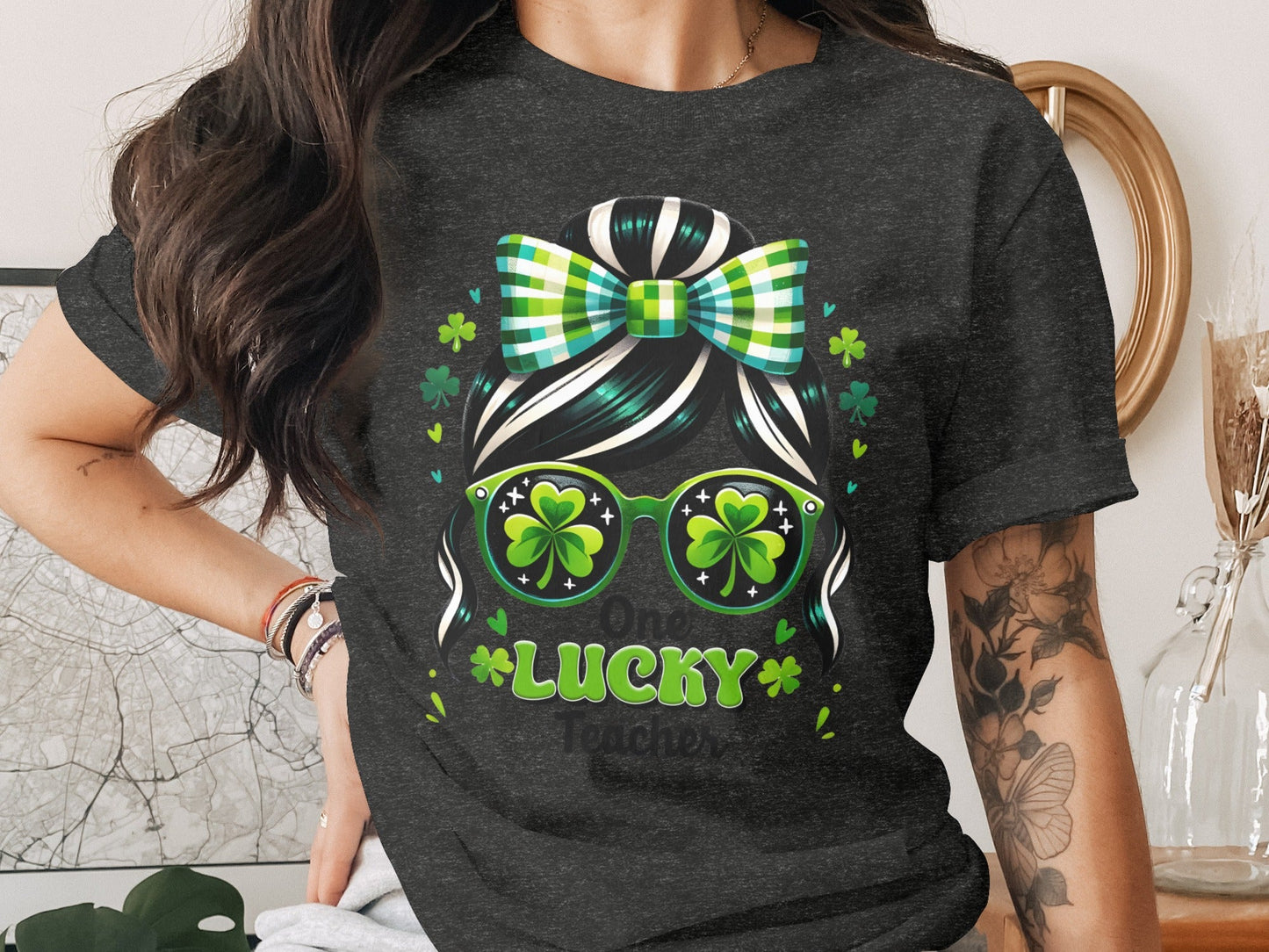 One Lucky Teacher Shamrock Sunglasses Graphic Design T-Shirt