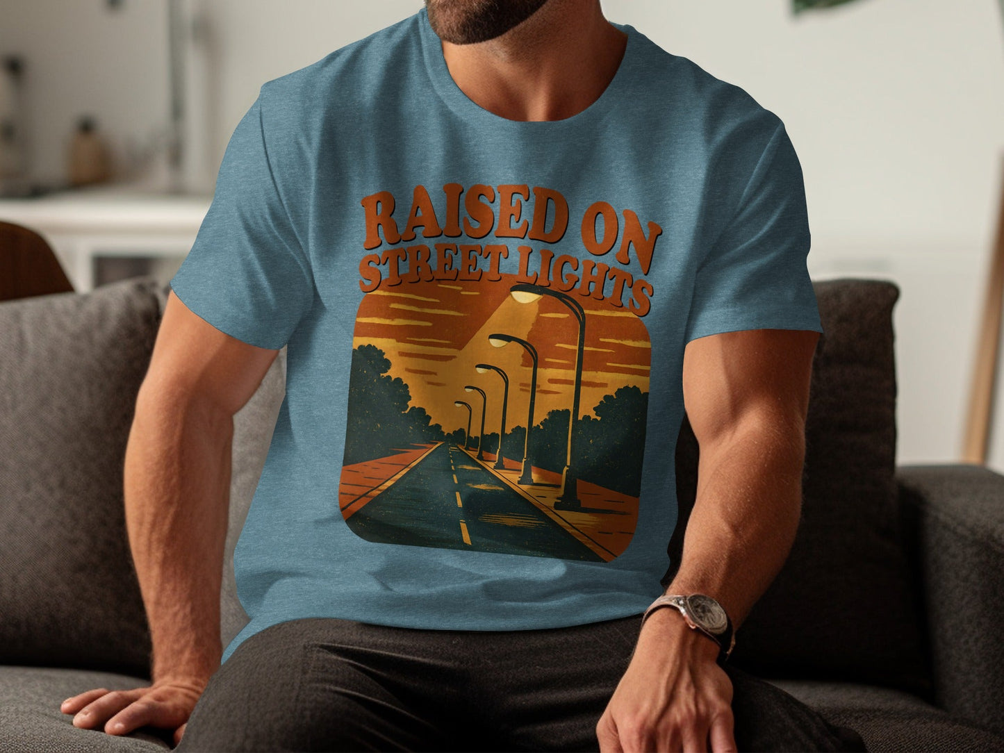 Raised On Street Lights Road Scene Graphic Design T-Shirt