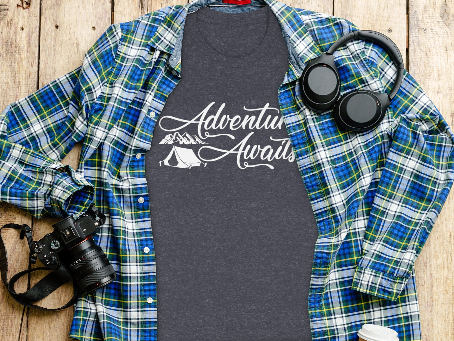 Adventure Awaits Tent Mountains Graphic Design T-Shirt