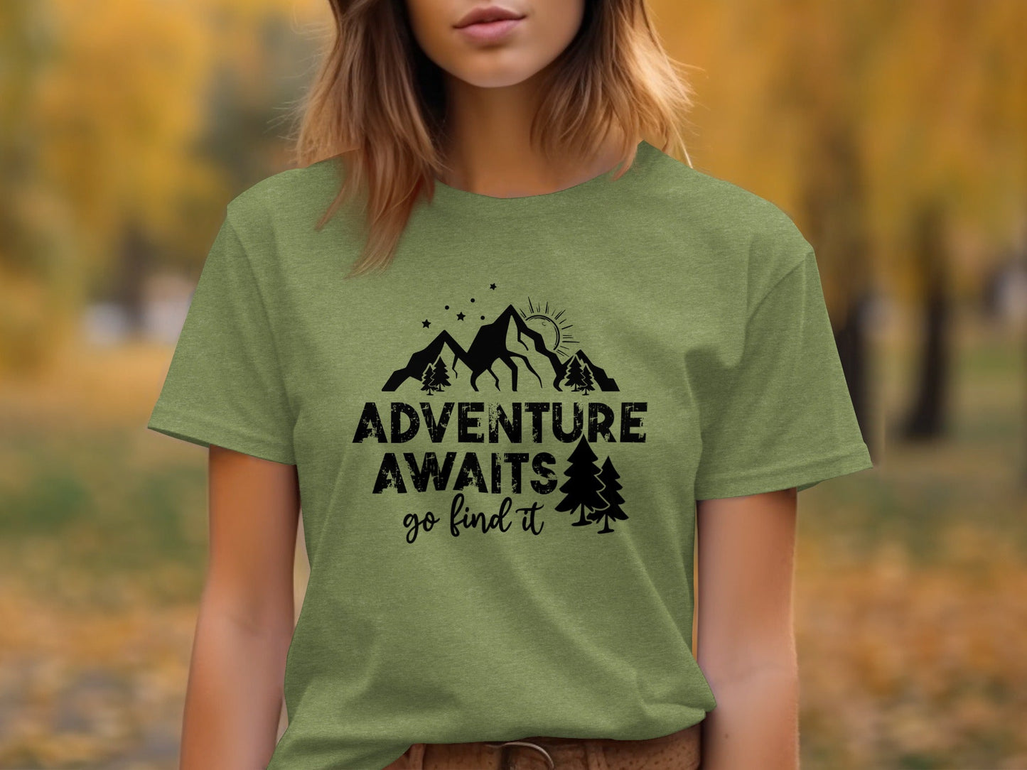Adventure Awaits Go Find It Mountains Trees and Sun T-Shirt