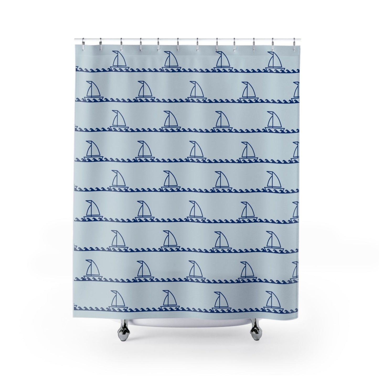Nautical Sailboat Wave Shower Curtain — Blue Coastal Bathroom Decor