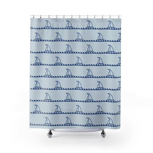 Nautical Sailboat Wave Shower Curtain — Blue Coastal Bathroom Decor