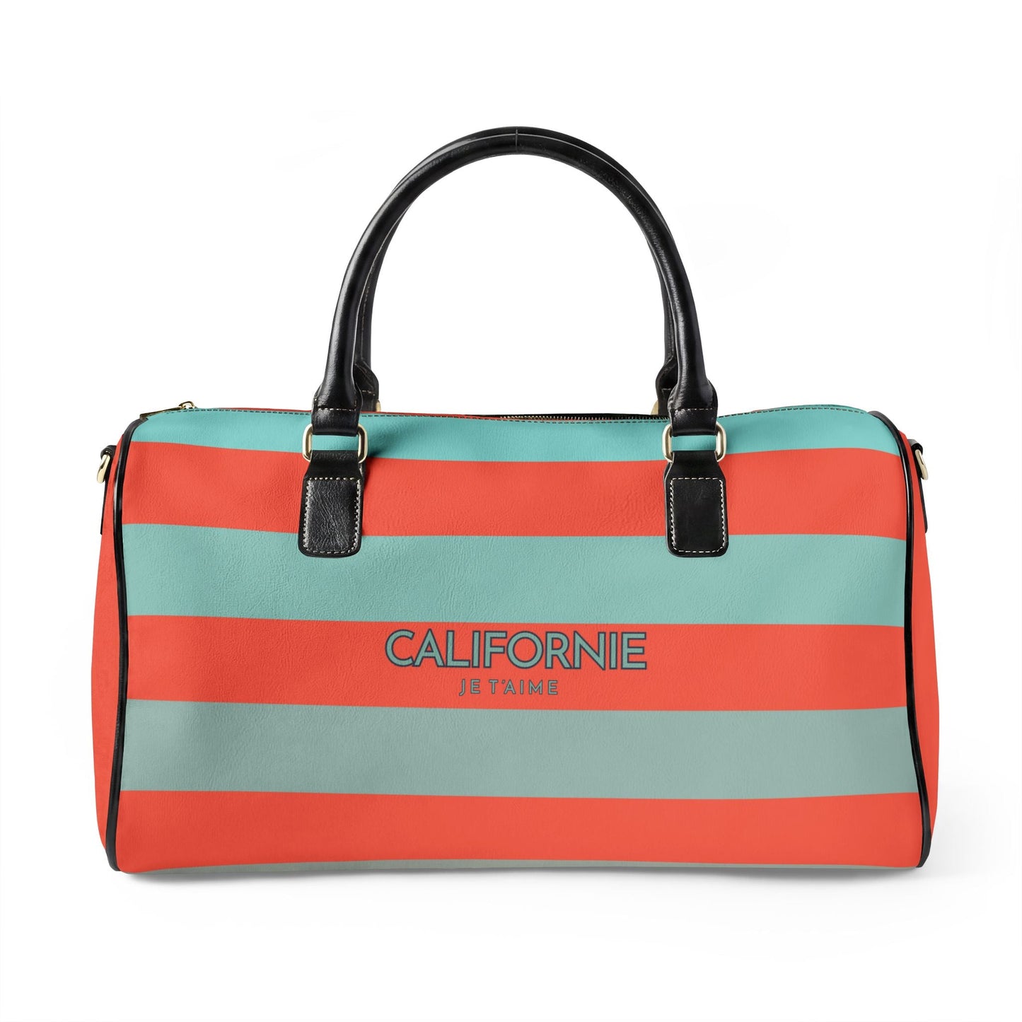 California Love Leather Travel Bag — CORAL/AQUA Striped Weekender Duffle