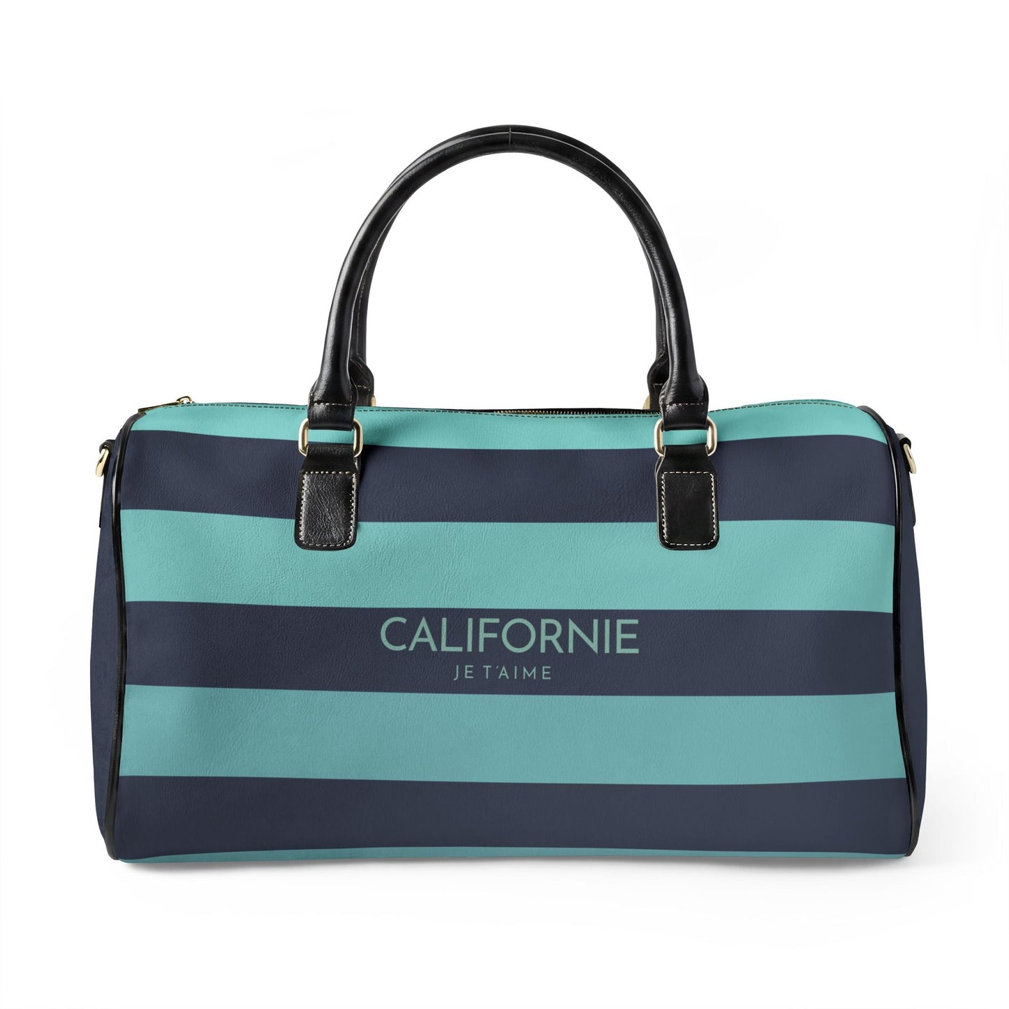 California Lover Leather Travel Bag — Navy/Aqua Striped Weekender Duffle