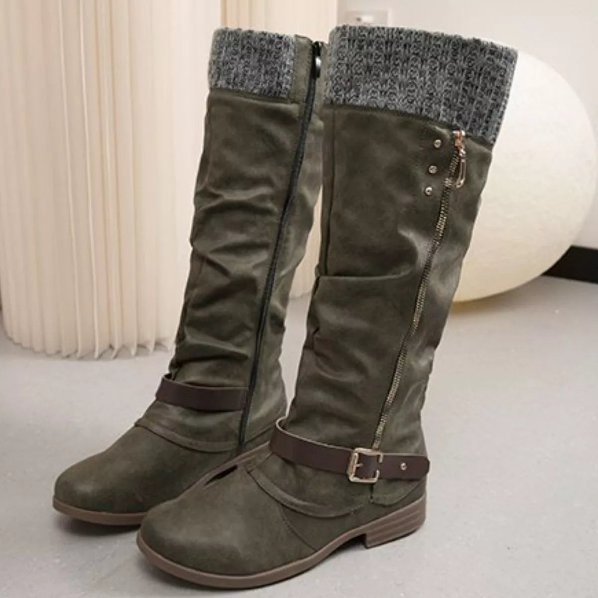 Knee High Slouch Boots with Knit Cuff