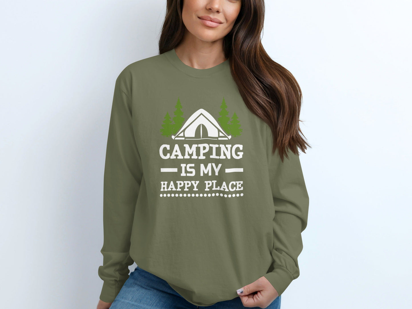 Camping Is My Happy Place Tent Trees Graphic Long Sleeve T-Shirt