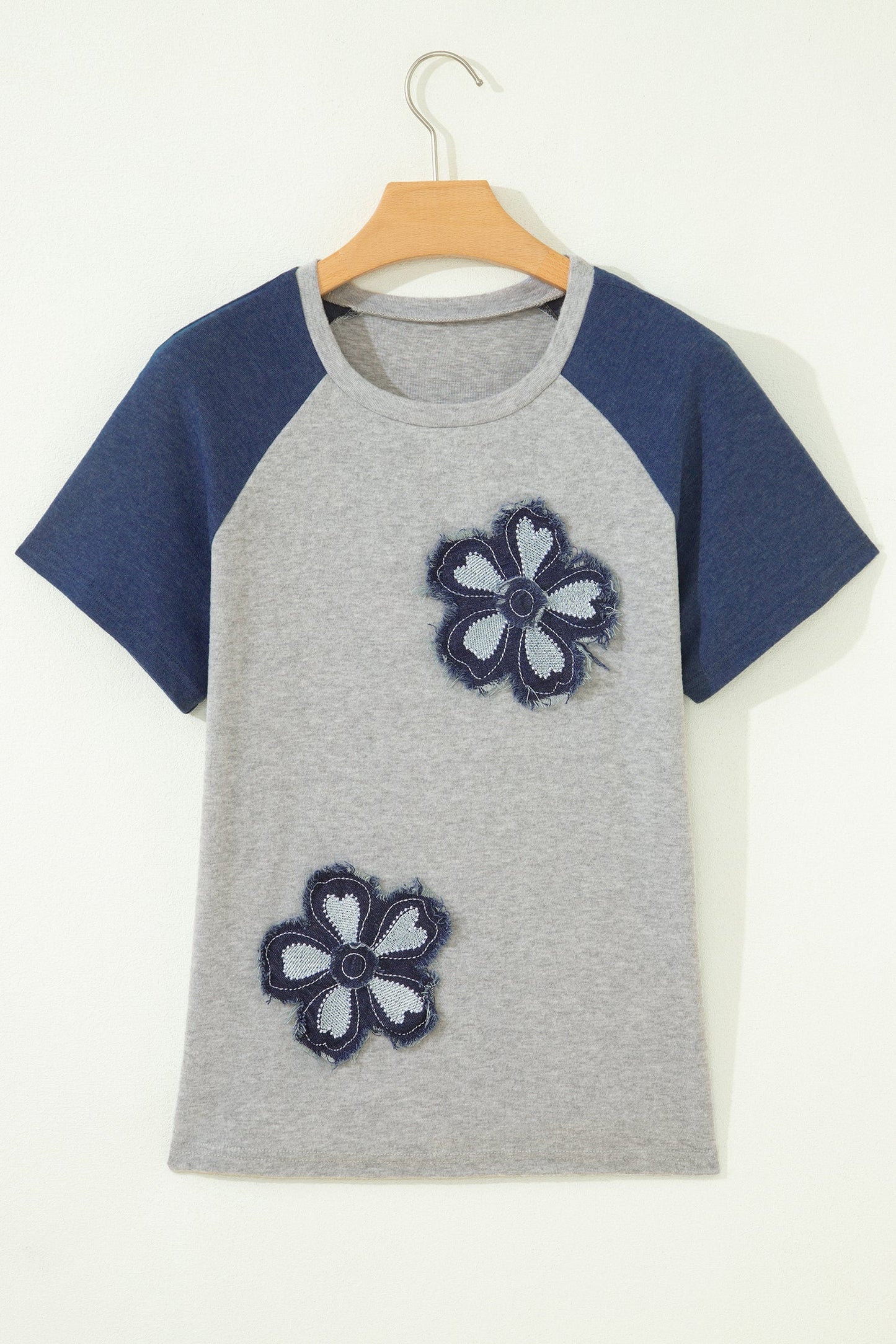Dark Blue Floral Patchwork Colorblock Raglan Sleeve T Shirt