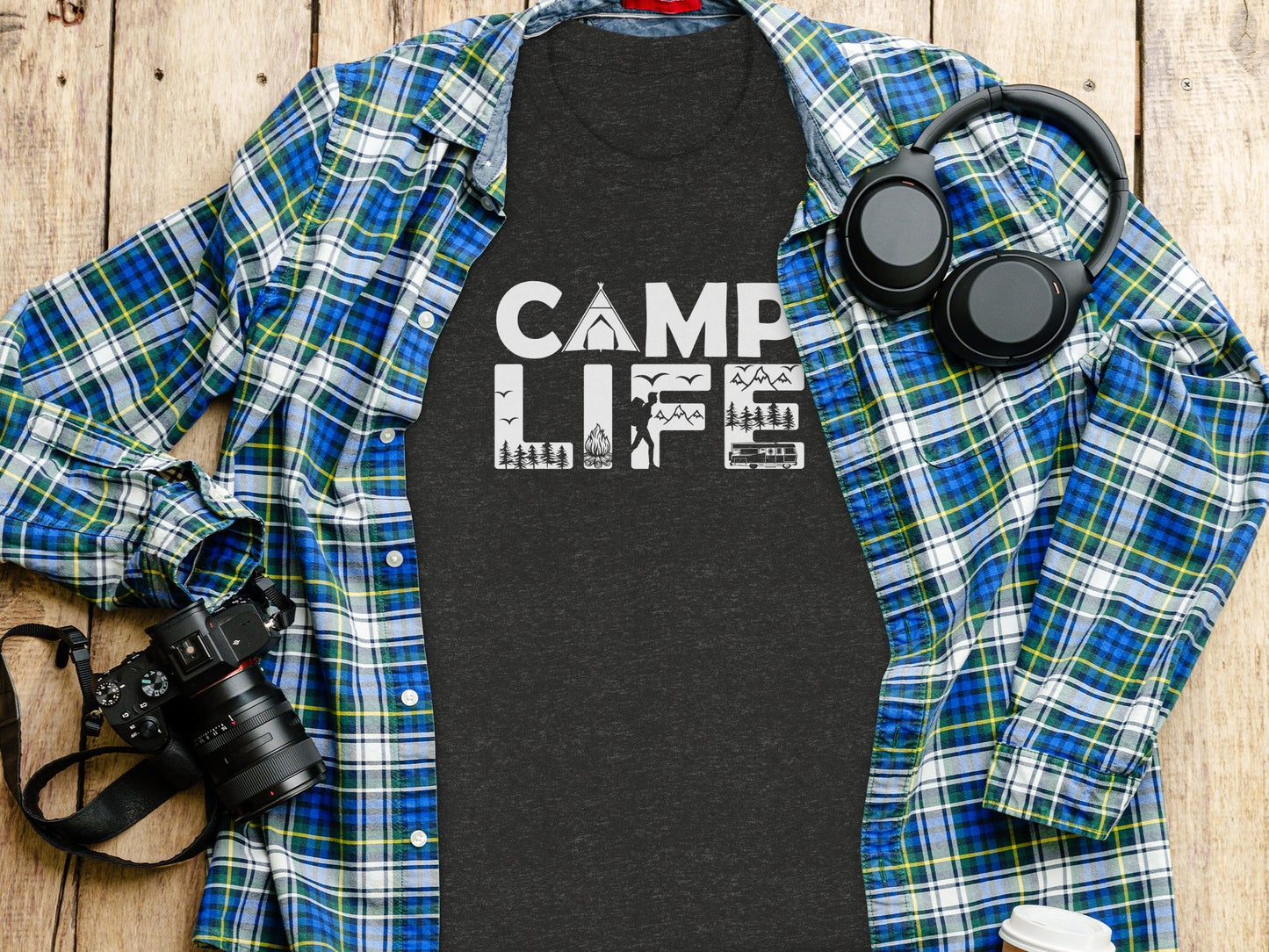 Camp Life Illustration with Tent and Fire Design T-Shirt