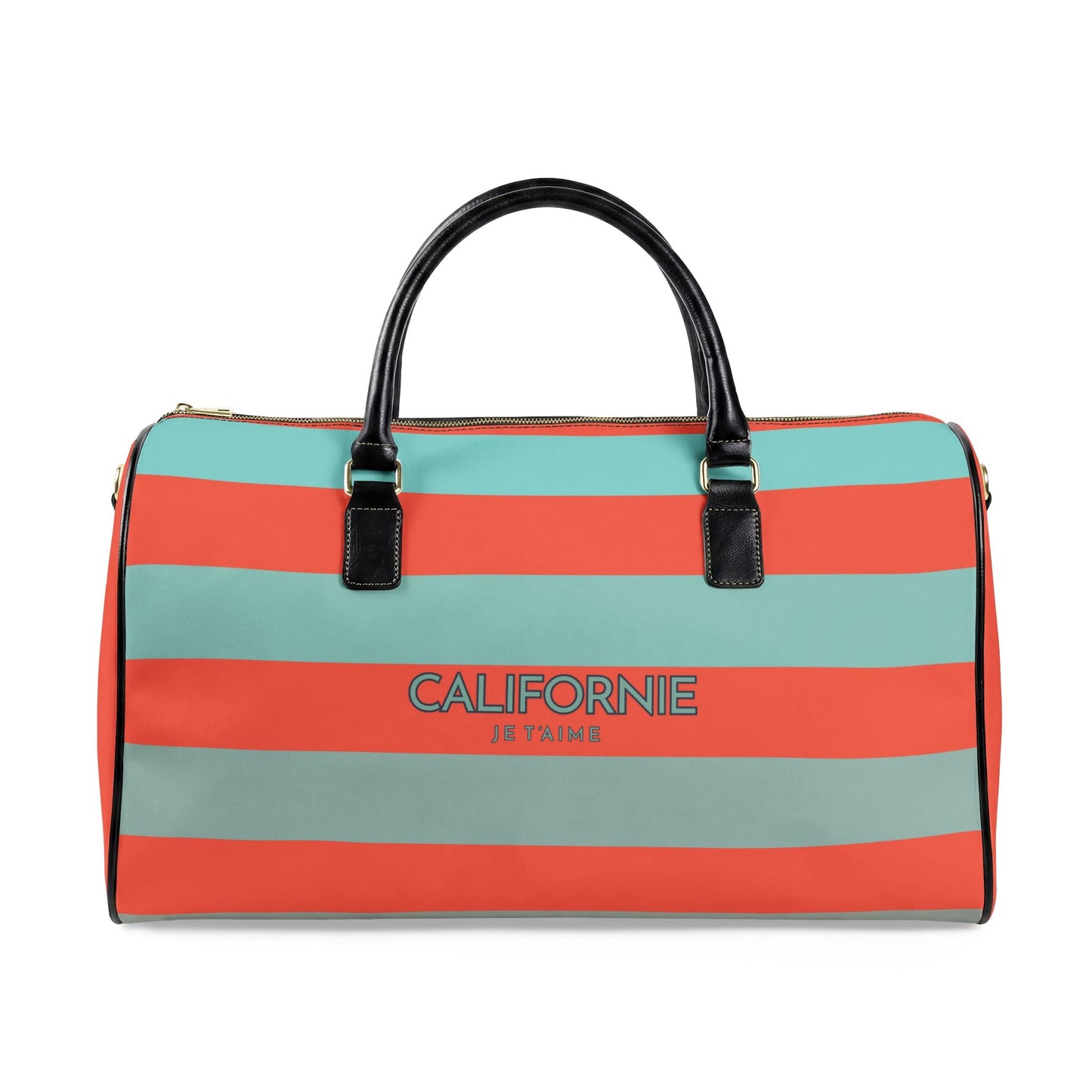 California Love Leather Travel Bag — CORAL/AQUA Striped Weekender Duffle