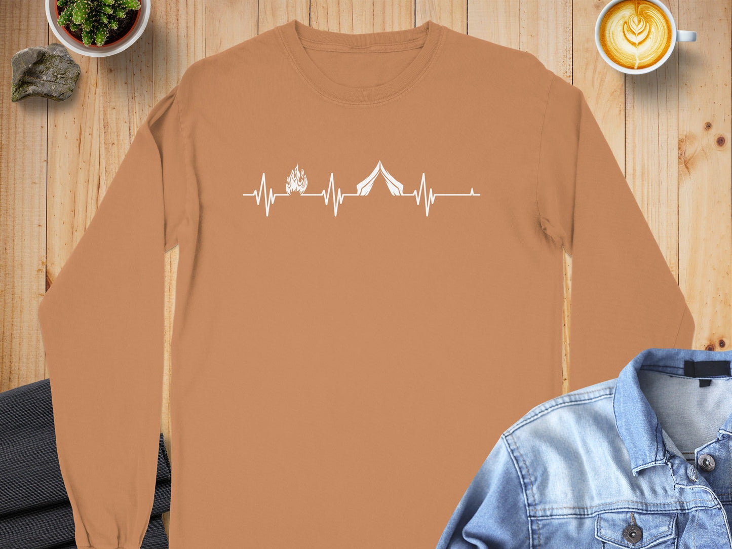Camping Fire Tent Heartbeat Outdoor Adventure Long Sleeve T-Shirt