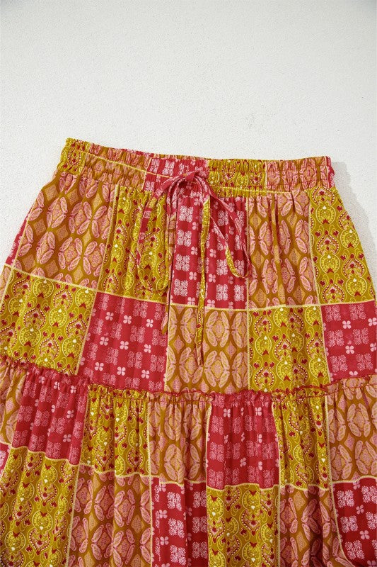 Paisley Ruffle Tiered Pocketed Maxi Skirt