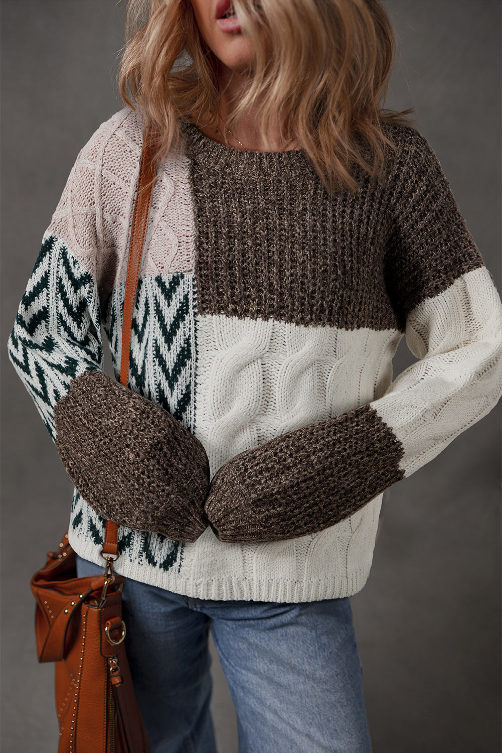 Purple Color Block Patchwork Knotted Back Loose Fit Sweater