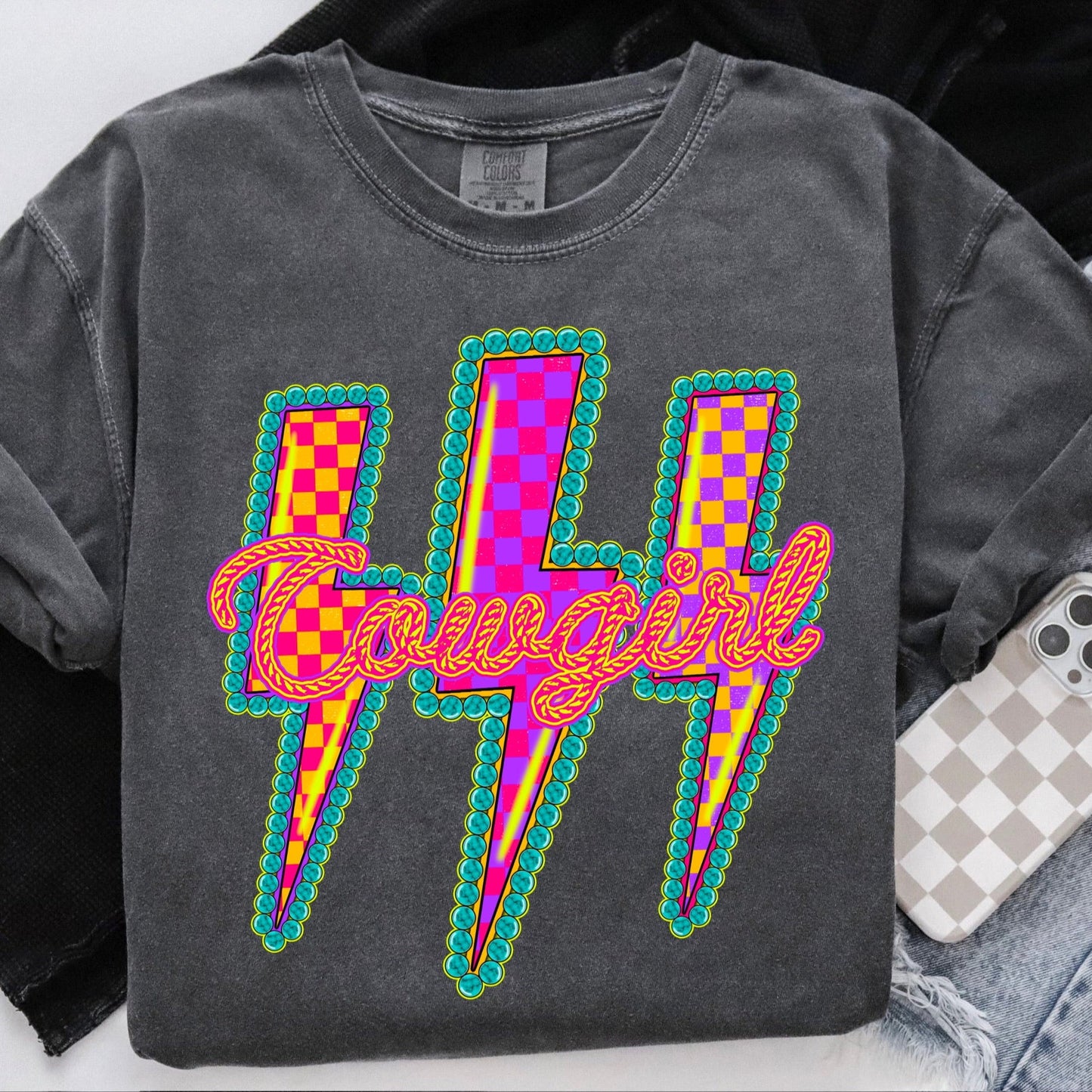 COWGIRL NEON BOLTS clear film screen print