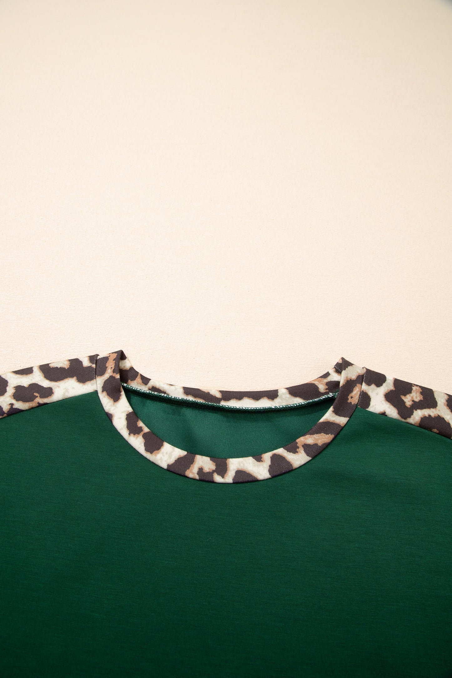 Sea Green Leopard Trim Round Neck Loose T Shirt