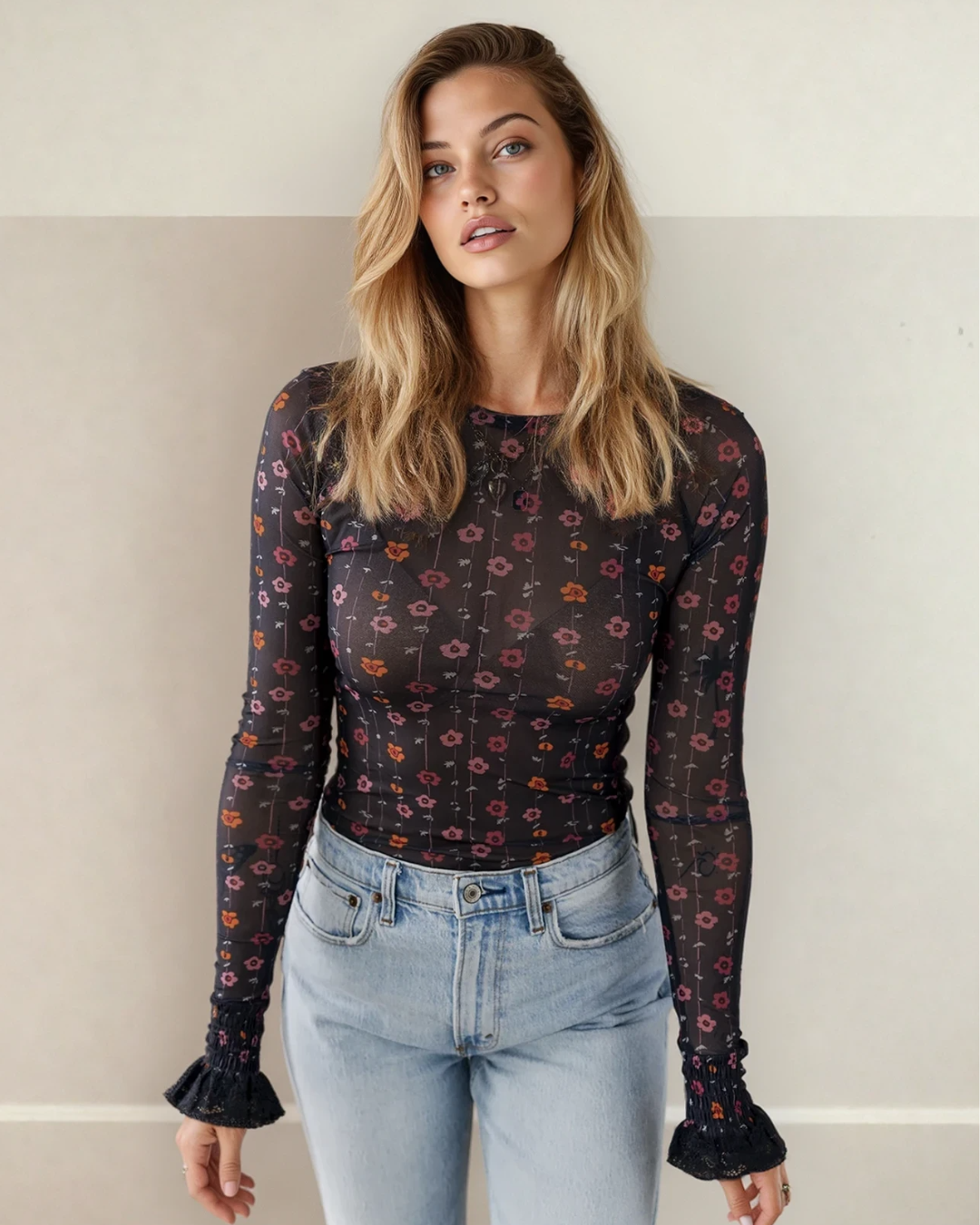 Samantha Floral Print Smocked Cuff Slim Fit Mesh Bodysuit