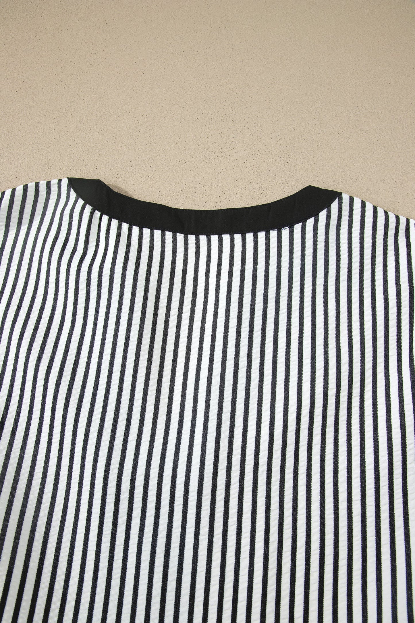 Black Stripe Plus Size Slit V Neck Tiered Flutter Sleeve Maxi Dress